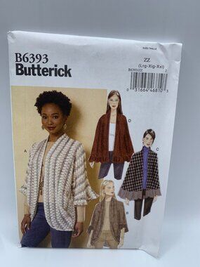 Butterick Misses Coat Wrap Sewing Pattern Size L to XXL B6393 Uncut 2016